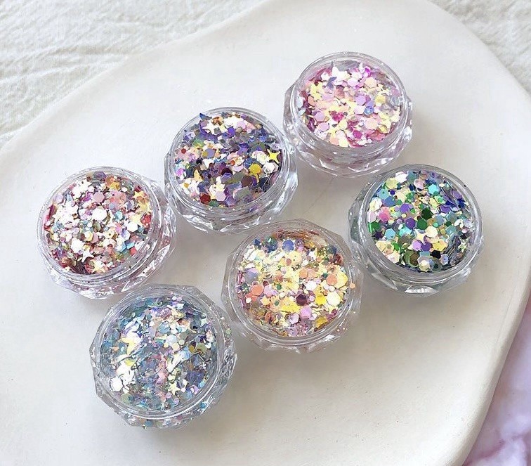6Boxes 3D Holographic Nail Sequins Iridescent Glitter Foil Flakes Art Decoration