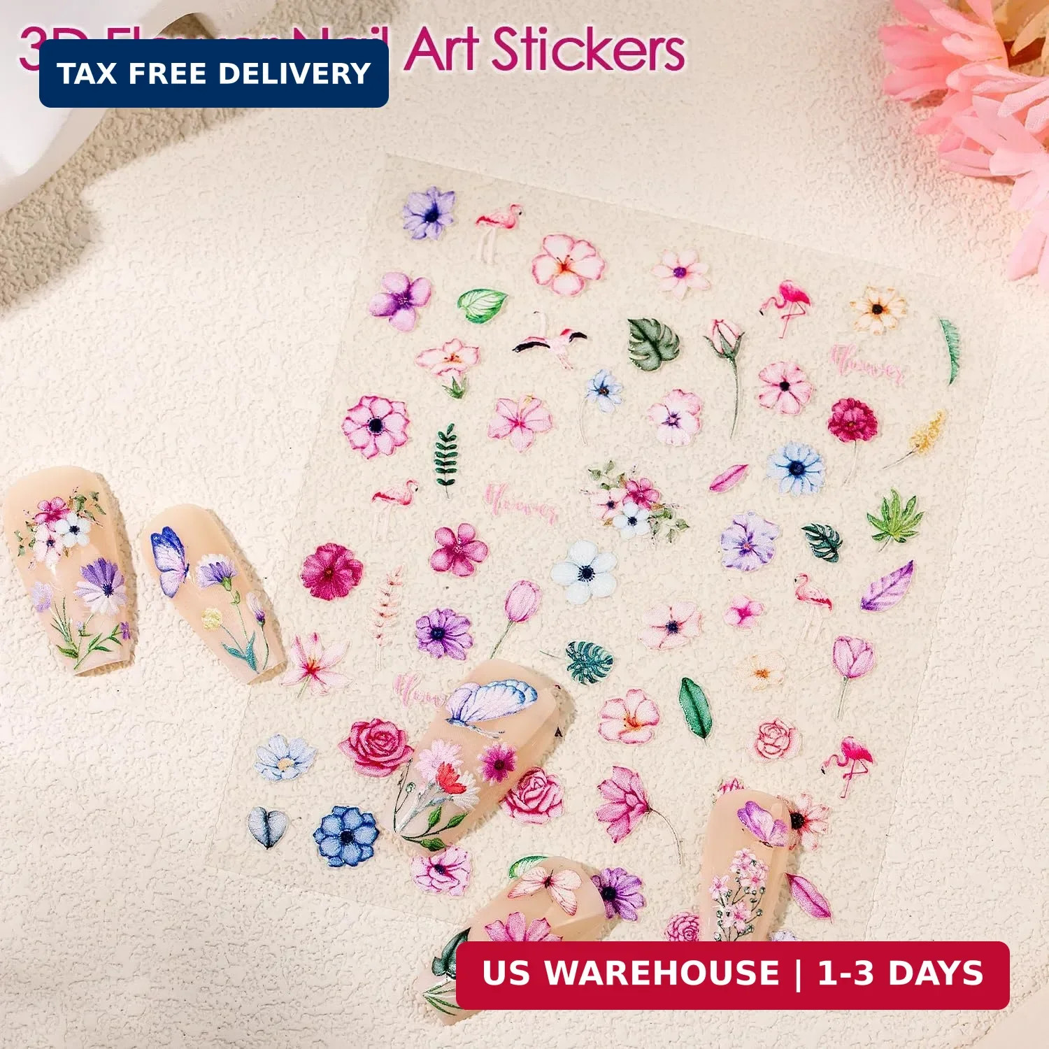 Gel Nail Stickers for Nail Art: 5D Embossed Summer Flower Nail Decals 4Pcs | Adh