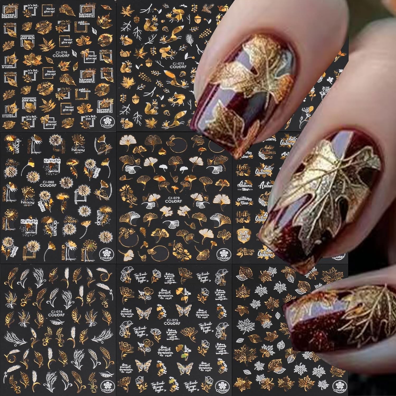 9 Sheets Bronzing Fall Nail Art Stickers 3D Glitter Metallic Maple Leaf Nail …