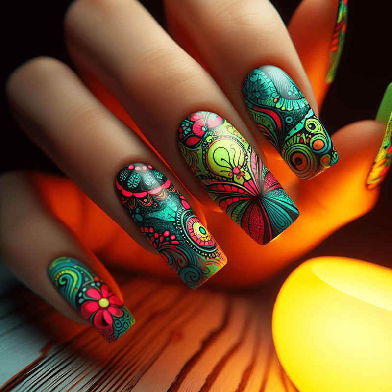 48Pcs-Tribal Fake Nails Neon Green Pink Mandala Floral Coffin Boho Ethnic Nail
