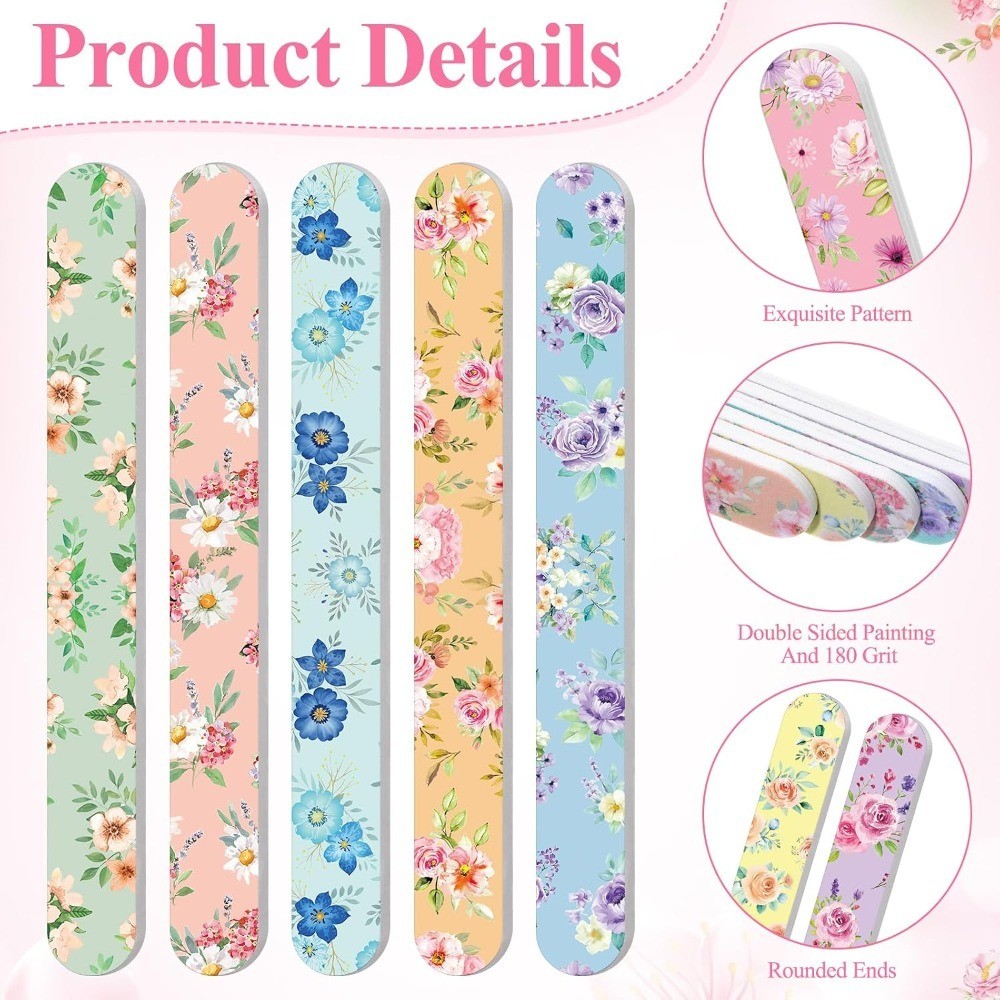 60 Pack Flower Board Nail File for Women Colorful Floral Double Sided Emery