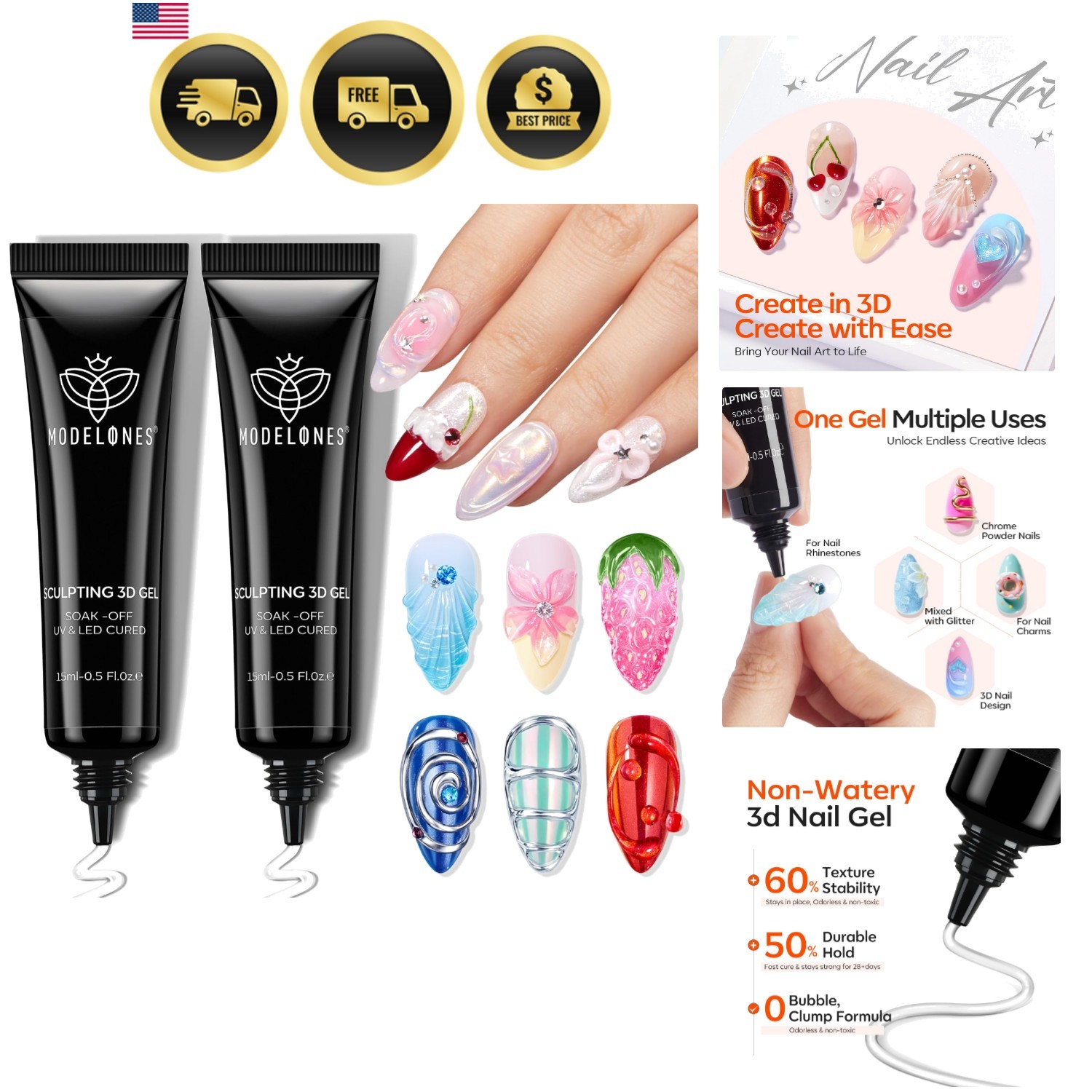 2Pcs Clear 3D Gel Nail Art, Sculpting Molding Builder Gel Nail Glue for Charm…