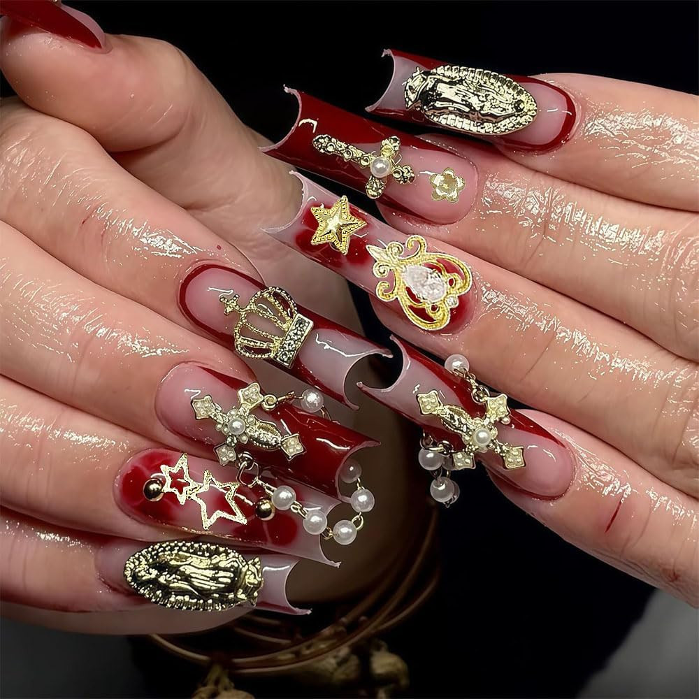 160pcs Gold Nail Charms 3D Butterfly Cherry Heart Cross Bow Star Dollar Flower C