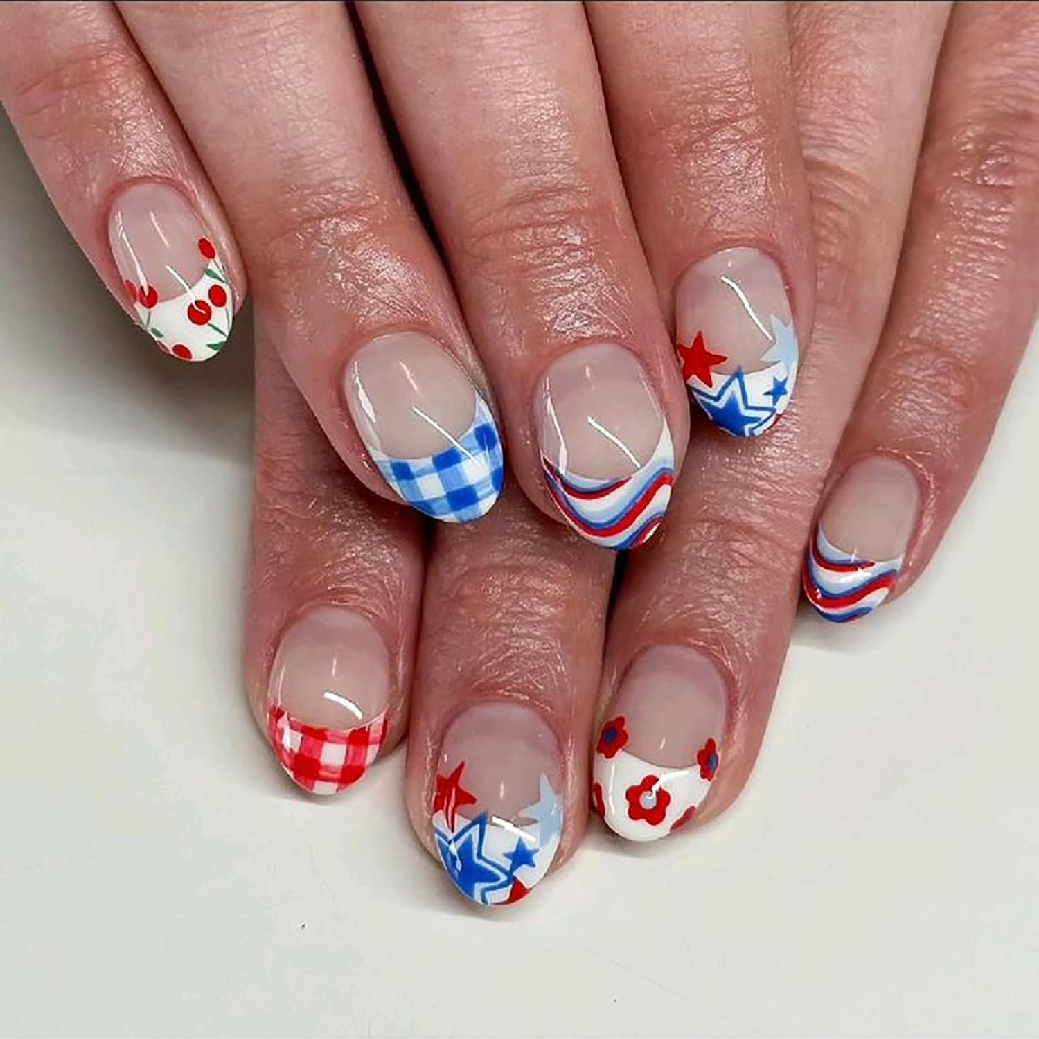 30Pcs Summer Beach Press on Nails Short Almond Fake Nails 3D Shell Starfish ＆Gol