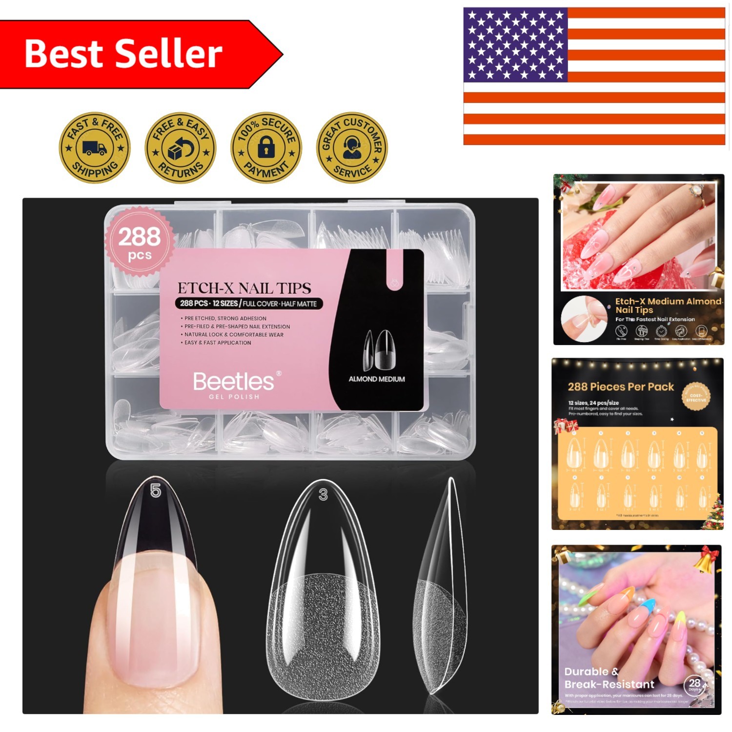 288 PCS Almond Gel Nail Tips – Natural Look Half Matte Finish for Women