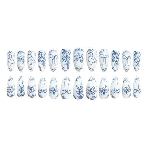 24Pcs Blue Flower Press on Nails Medium Almond Fake Nails Spring White Blue