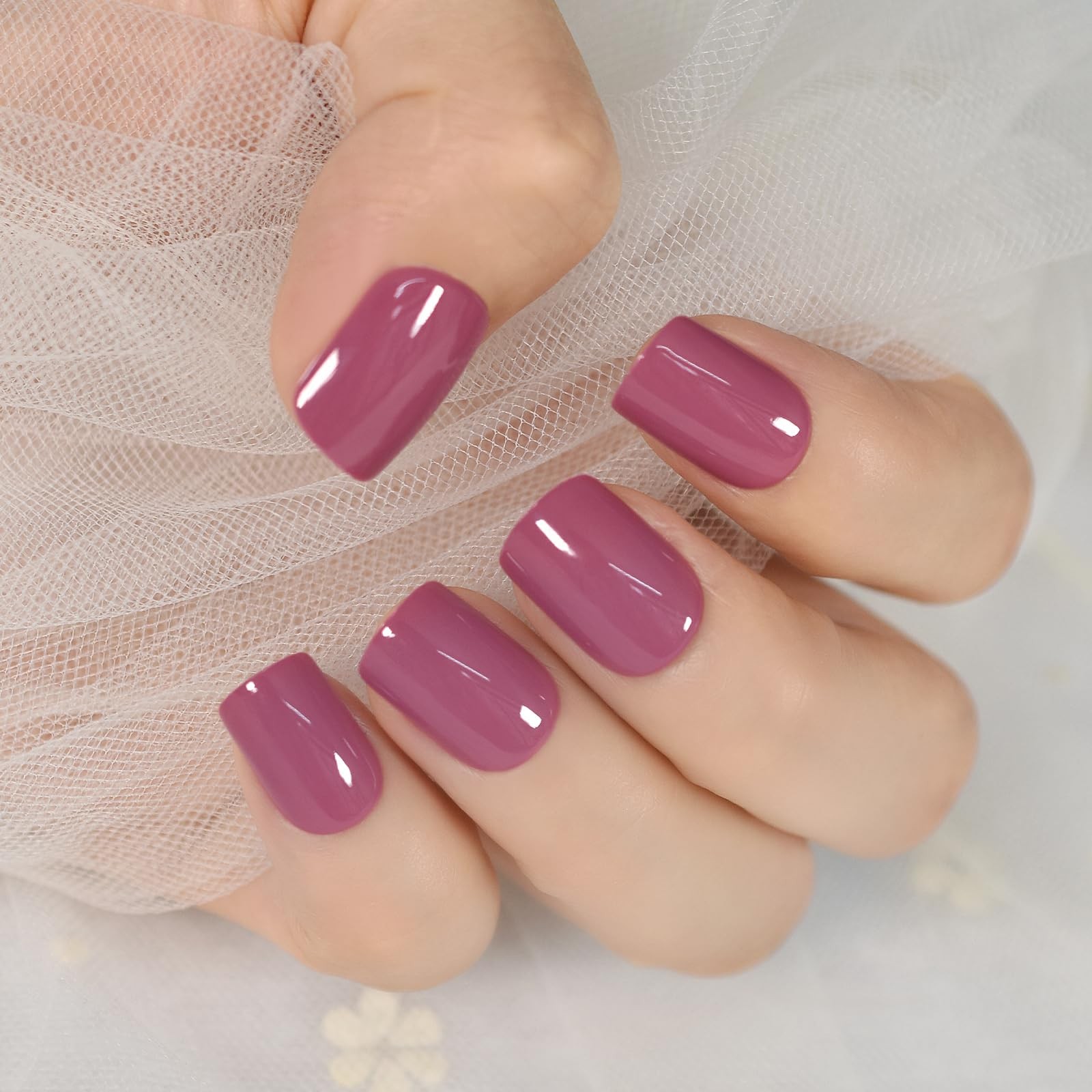 Daily Glossy Deep Purple Pink Red Press on False Nails Short Square Fake Fing…