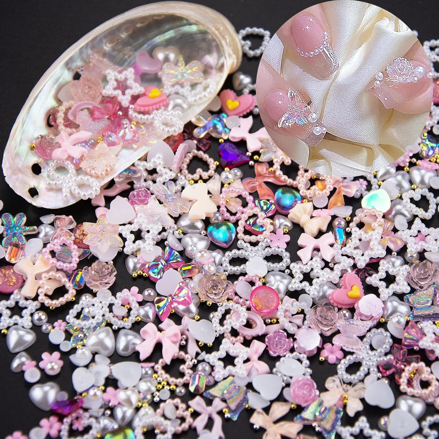 500 Pcs Assorted Pearls 3D Nail Charms Pink Color Multi Shapes Heart Flower Nail