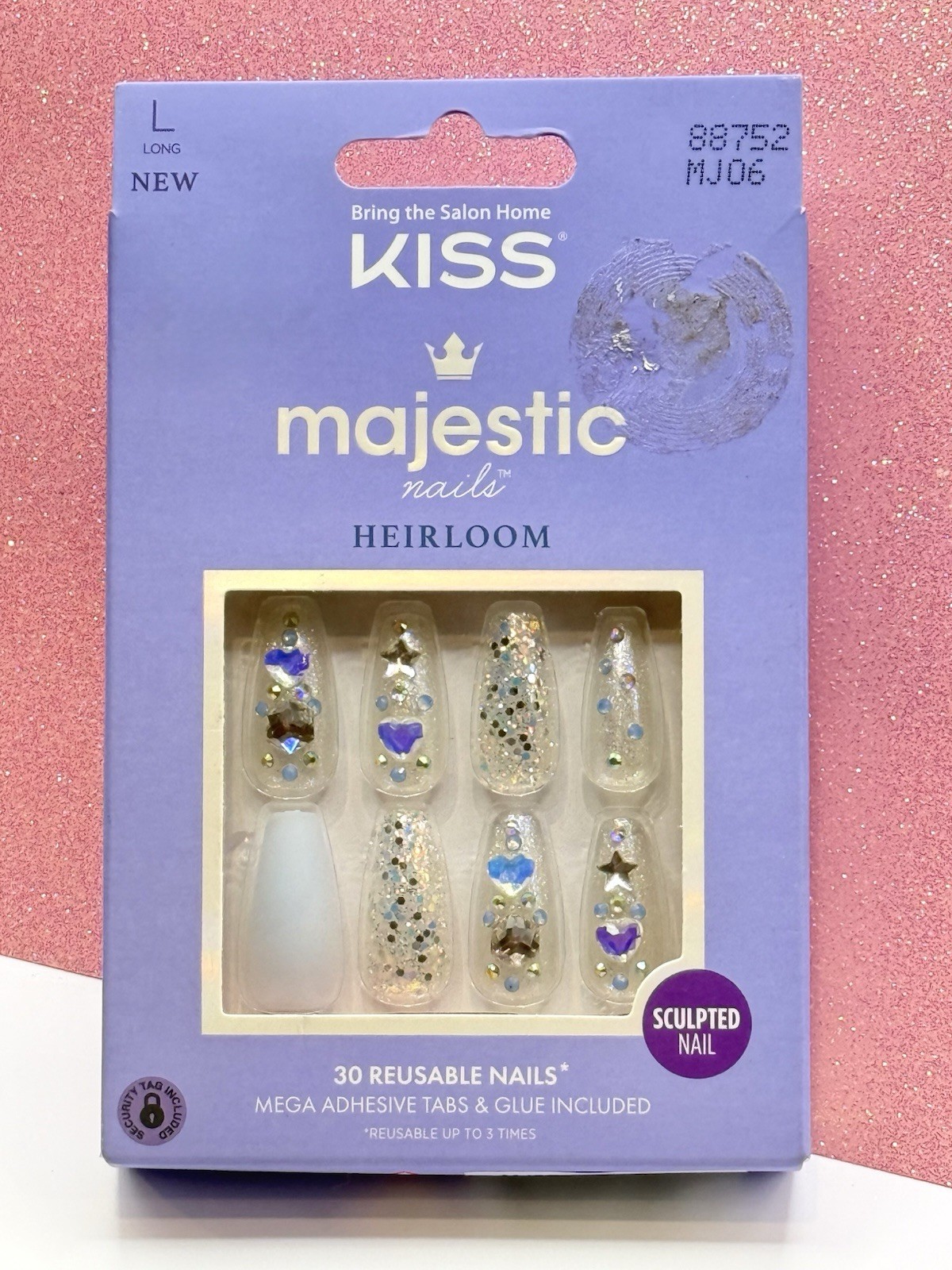 Kiss Majestic Heirloom Press-On Nails Long Light Blue Glitter Bling 88752