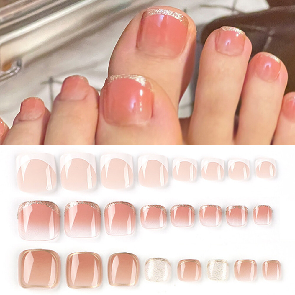 24x False Toenails French Manicure Fake Press On Full Cover Toe Nail With 1 Glue