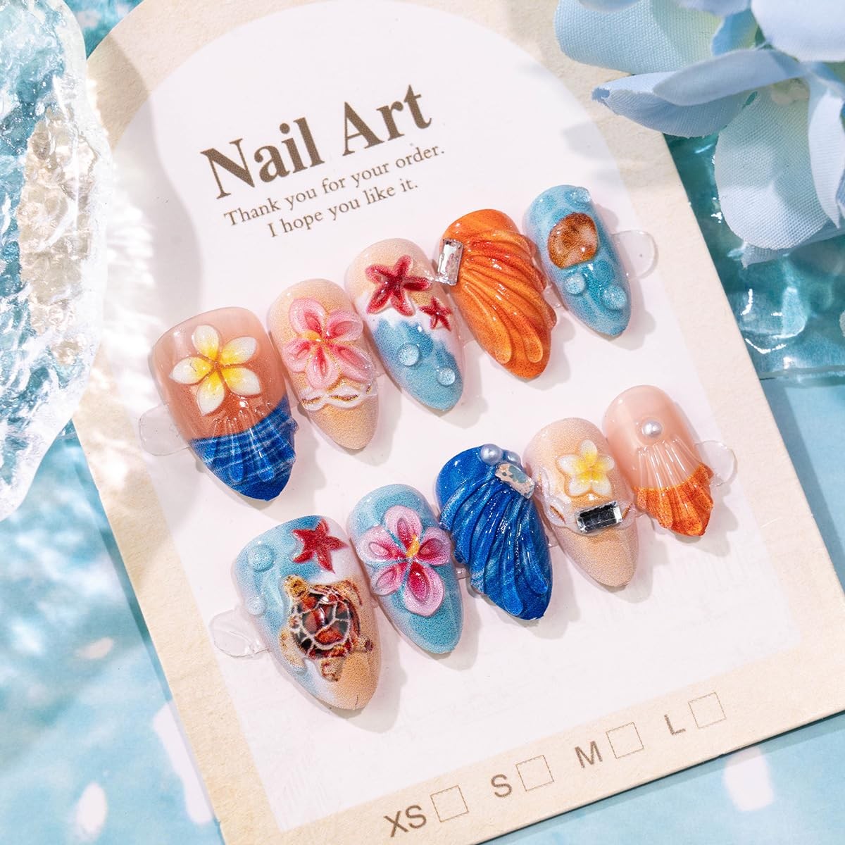 KRTBKR 30pc short almond press on nails, turtle hibiscus