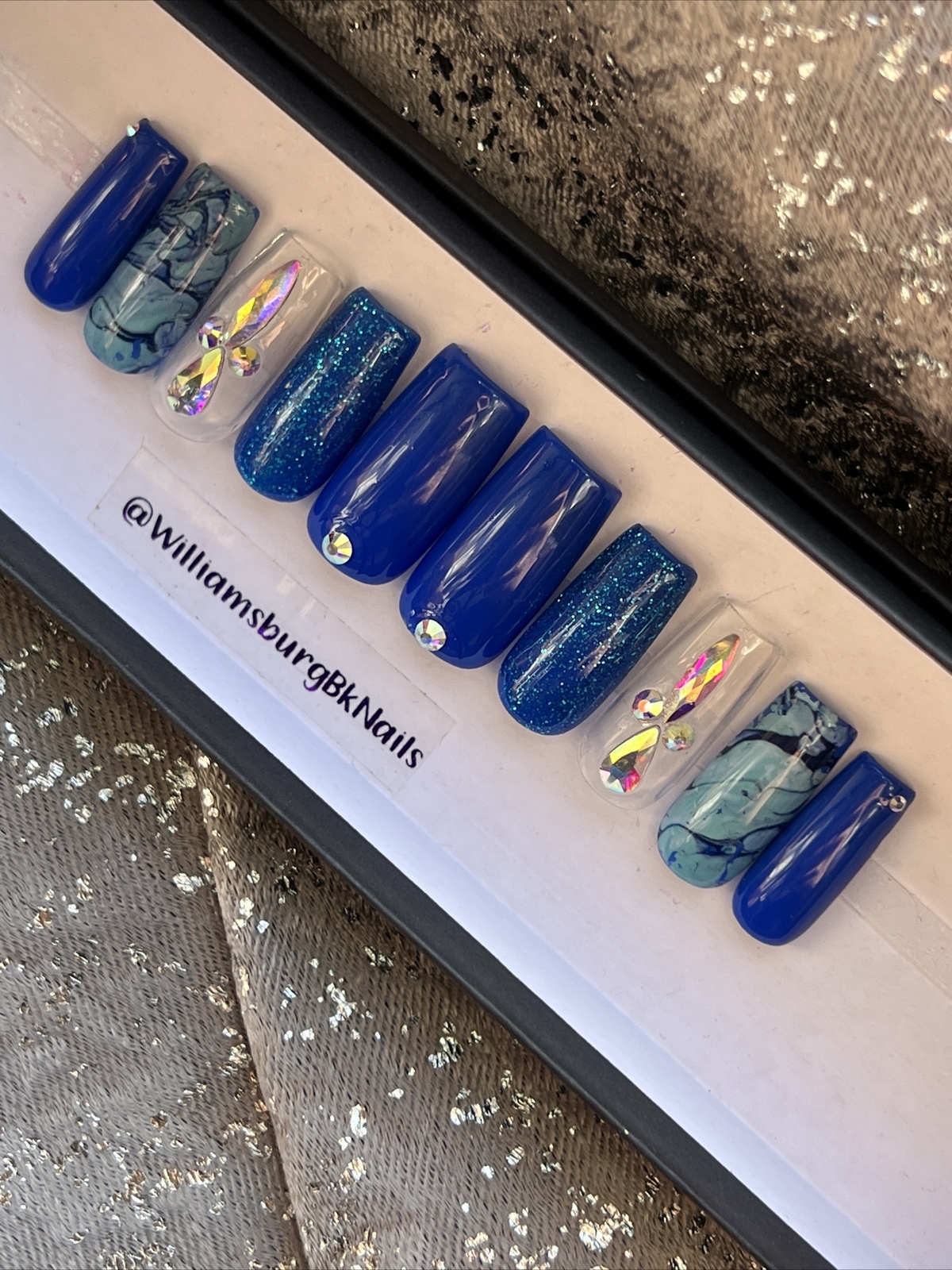 🔥CUSTOM Gel press On Nails, BLUE BLING , Medium Square, 10p Set With FULL KIT