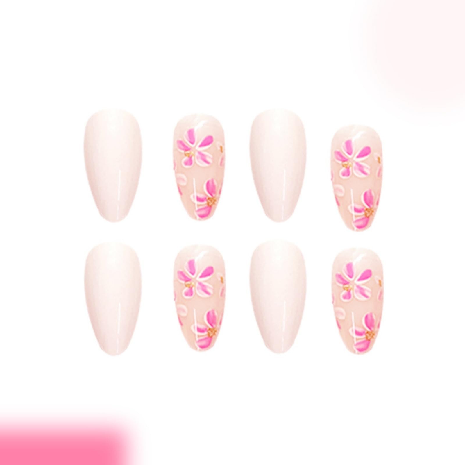 Flower Press on Nails Almond Short Fake Nails Florals False Nails Glossy Full…