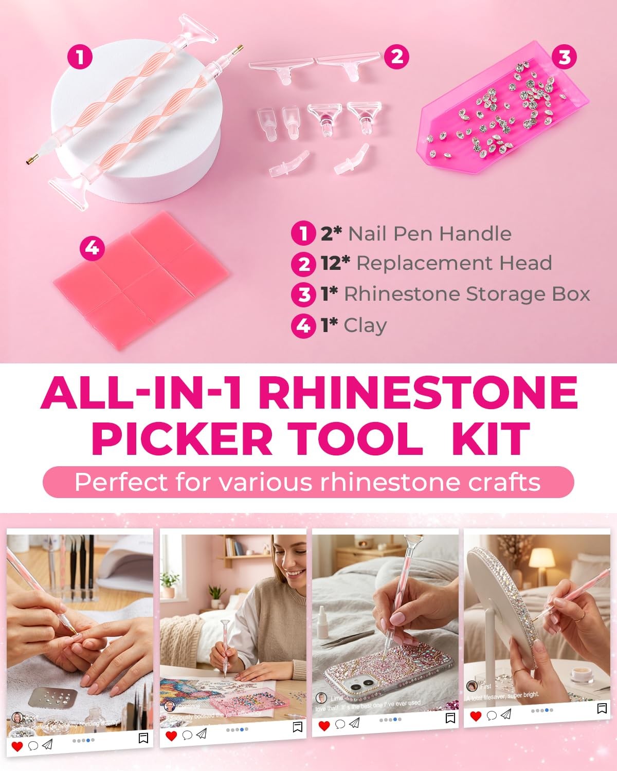 Rhinestone Picker Tool Kit: 2Pcs Rhinestone Picker Handle, Dual-Ended Rhinest…