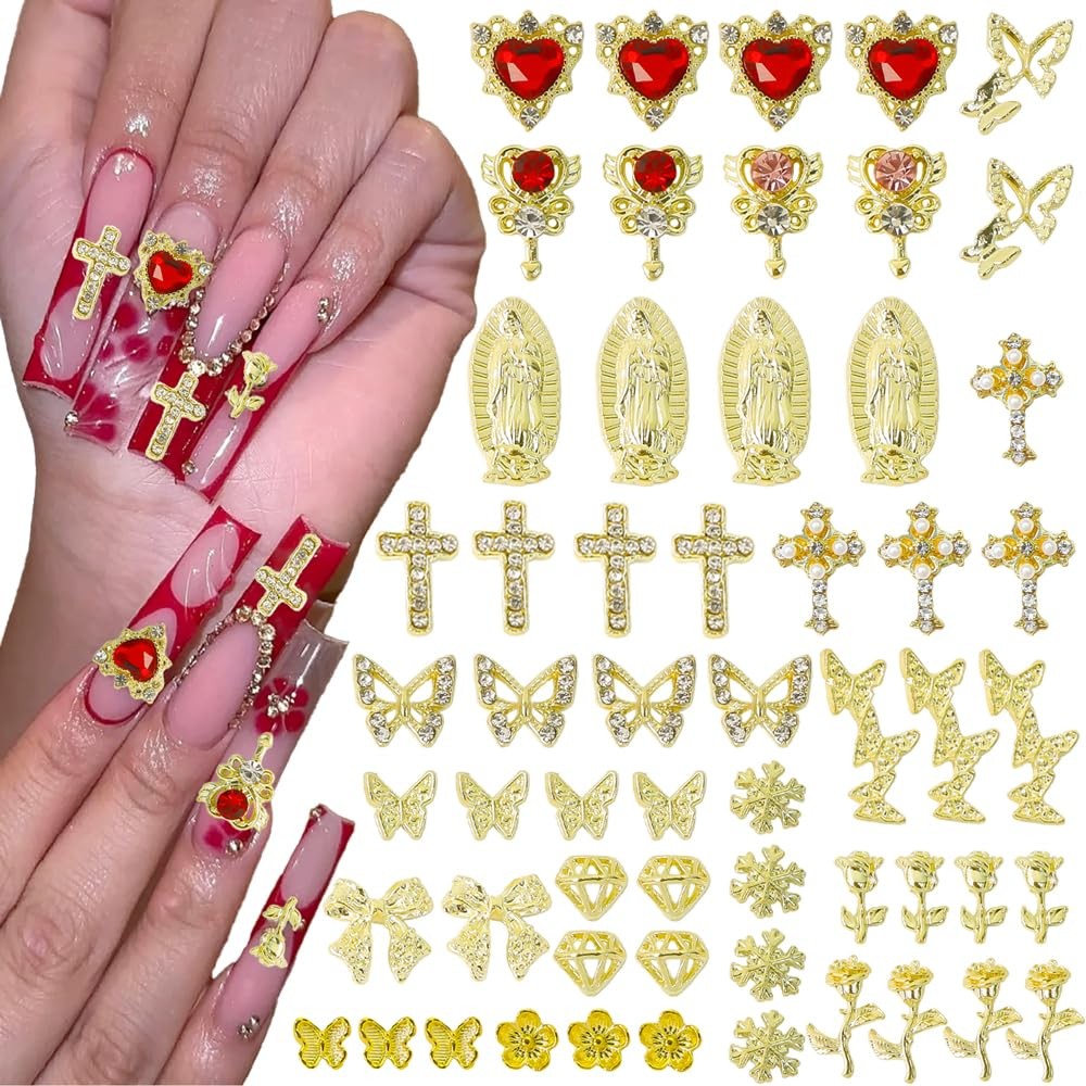 64PCS Gold Nail Charms Set with Y2k Alloy Steel Gems, 64 Pieces, gold