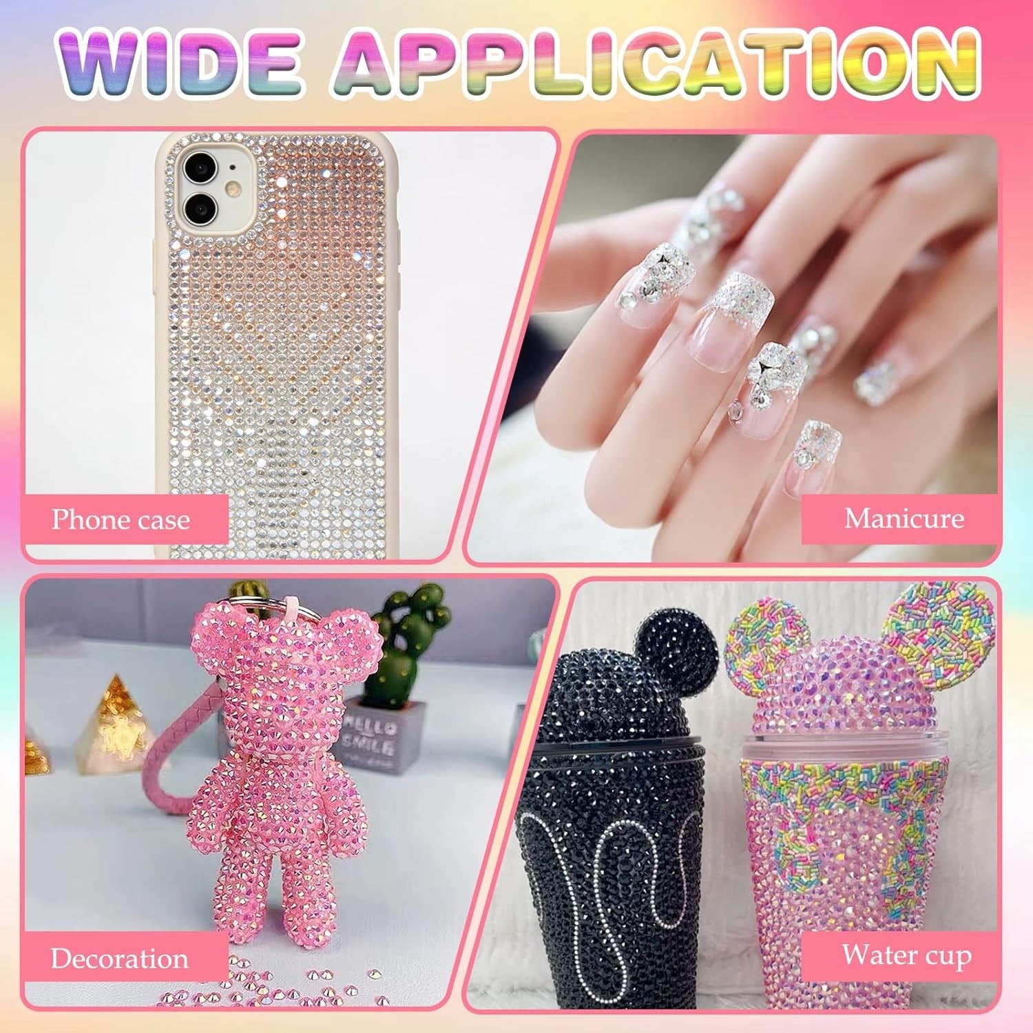 Nail Art Rhinestones Set: 40 Colors, Multisurface Glue