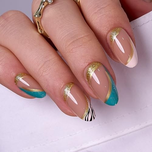 Press On Nails Kit – Full Cover False Almond Press on Nail Medium curved lines