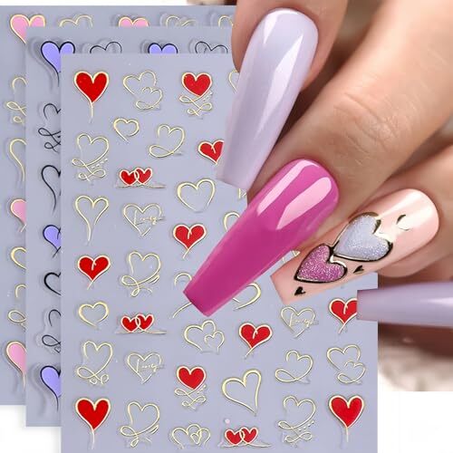Heart Nail Art Stickers 6 Sheets Valentine’s Day Nail Decals 3D Self Adhesive