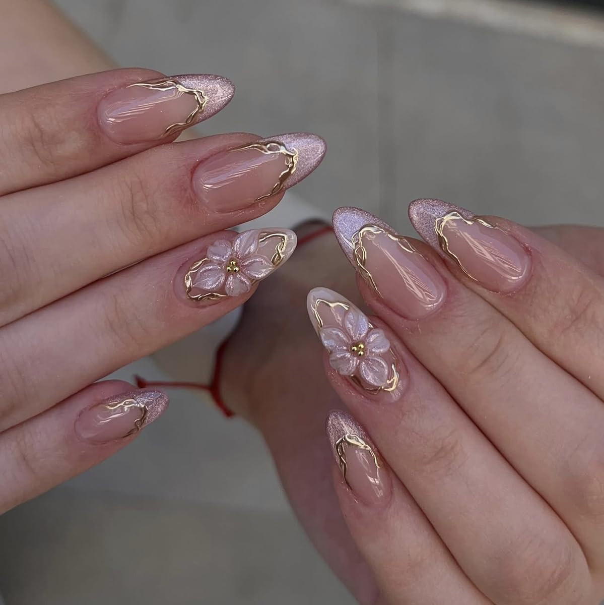 Purple Cat Eye French Tip Press on Nails Almond 3D Gold & Flowers | Medium Gloss
