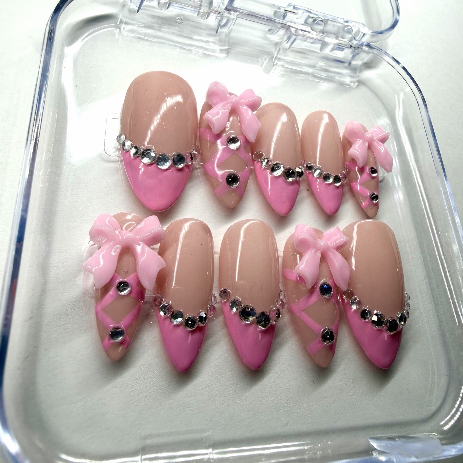 Handmade Pink & Beige Bow 3D Rhinestone Almond Medium Press-On Nails Set