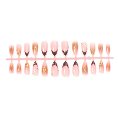 French Tip Press On Nails Medium Almond Fake Nails Gold Sun normal-nails15