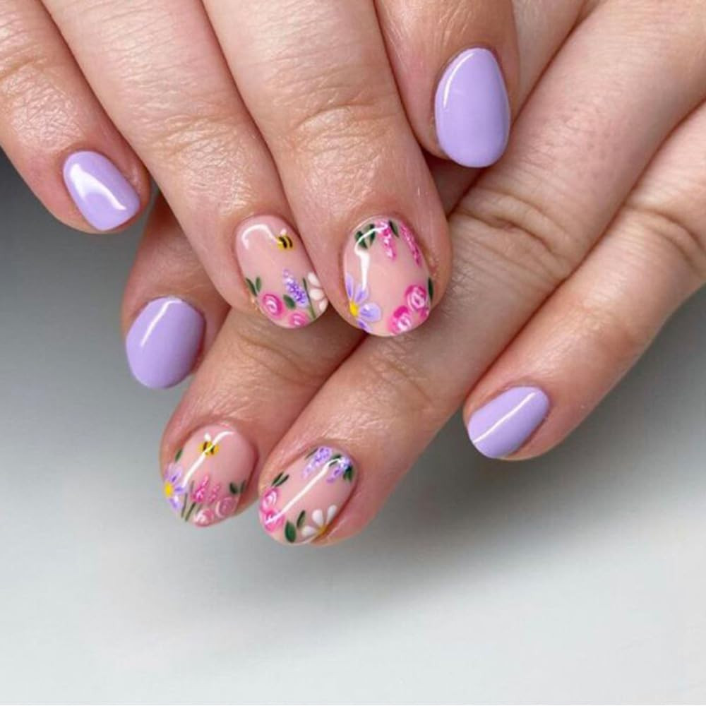 Purple Flower Press on Nails Short Almond Spring Fake Nails with Purple Flower B