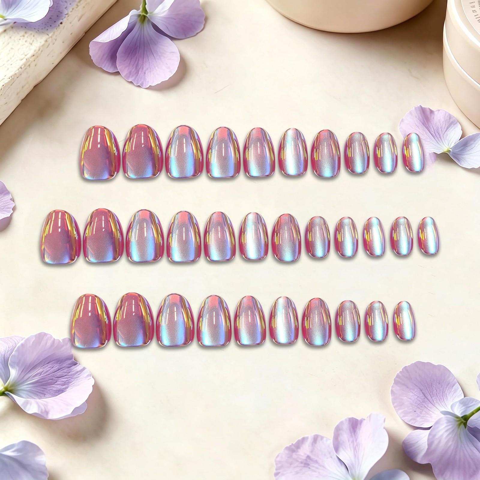 KQueenest Chrome Press On Nails Short Oval, 32 Pcs Glazed Hot Pink Fake Nails…