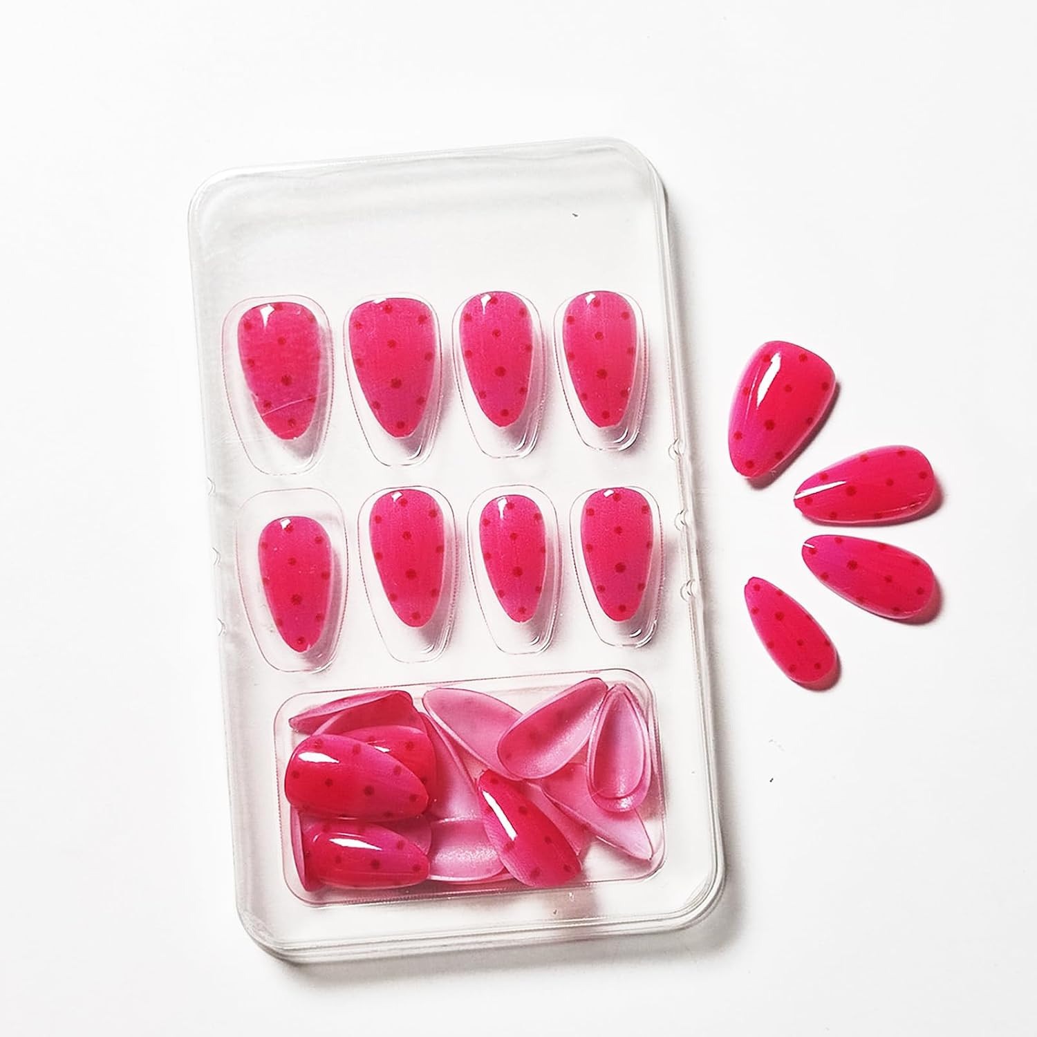 24Pcs Rose Red Press on Nails,Short Oval Fake Nails with Brown Polka Dots Design