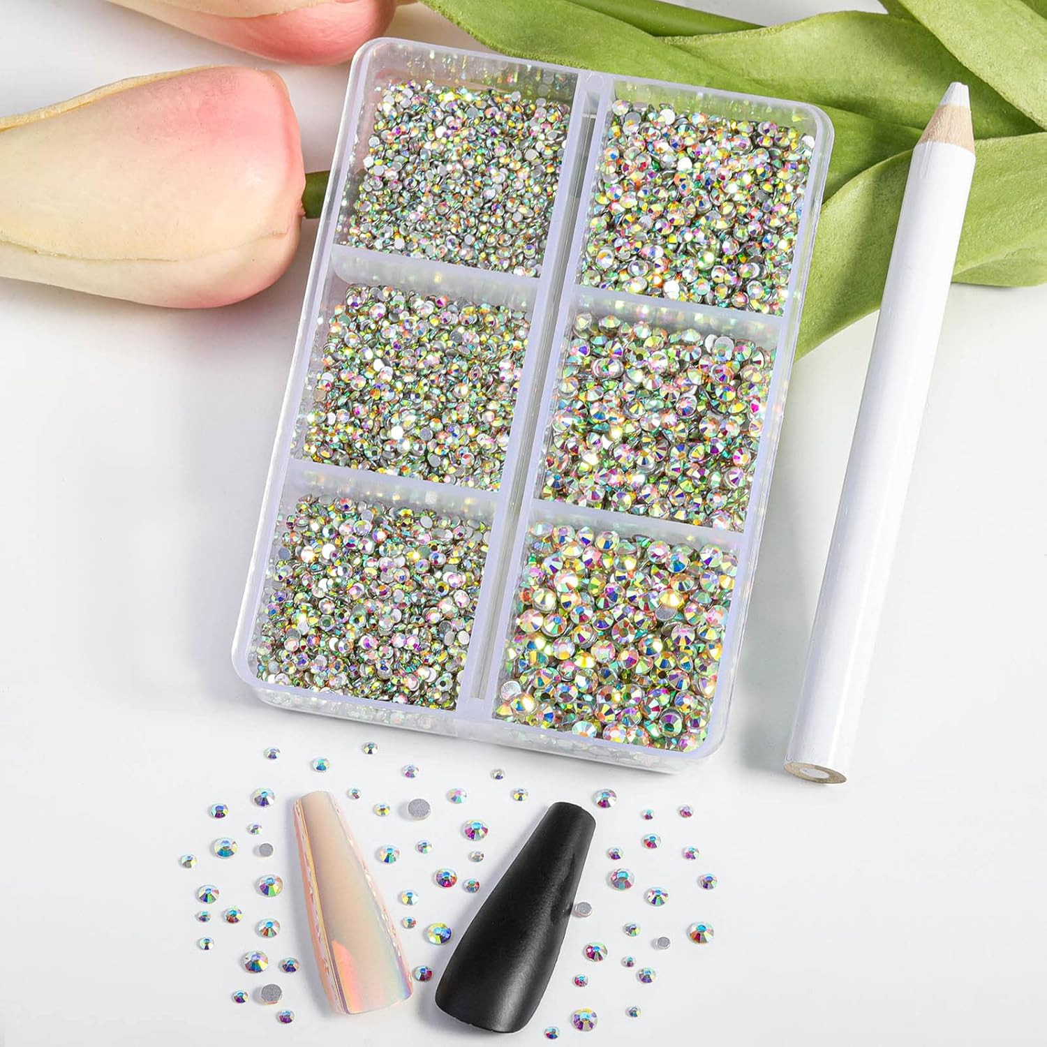 7200 gemas cristal AB redondas 6 tamanos con lapiz cera para unas y manualidades