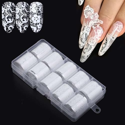 10 Rolls Nail Art Foil Transfer Sheets, Lace Nail Foil Decals Starry White Lace