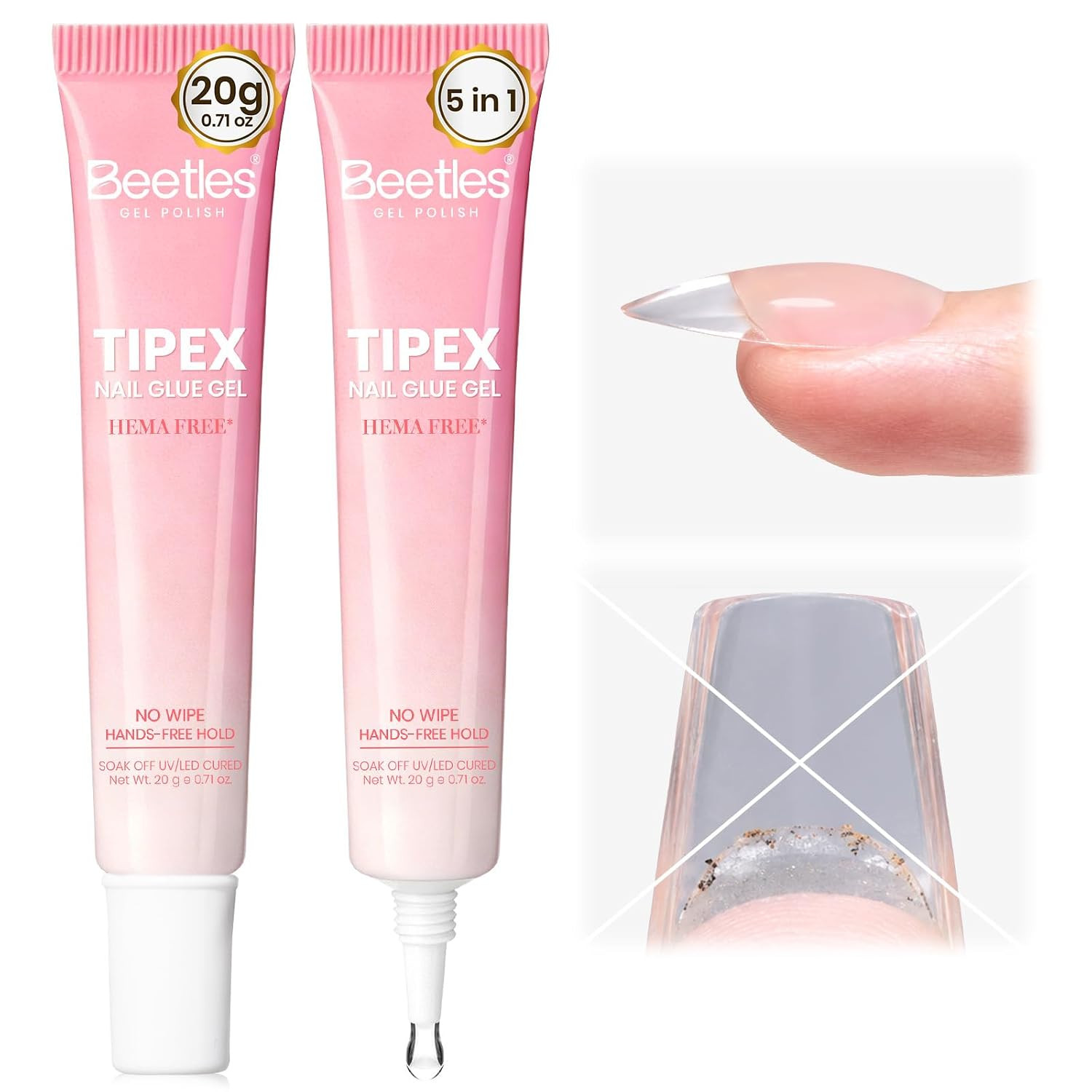 Beetles Nail Glue Gel 2Pcs 20G, No Wipe Tipex Instant Apex Nail Tips Glue | Hema