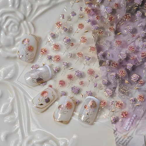 Flower Nail Stickers Rose Nail Art Decals with Gold Design 5D Embossed Color03