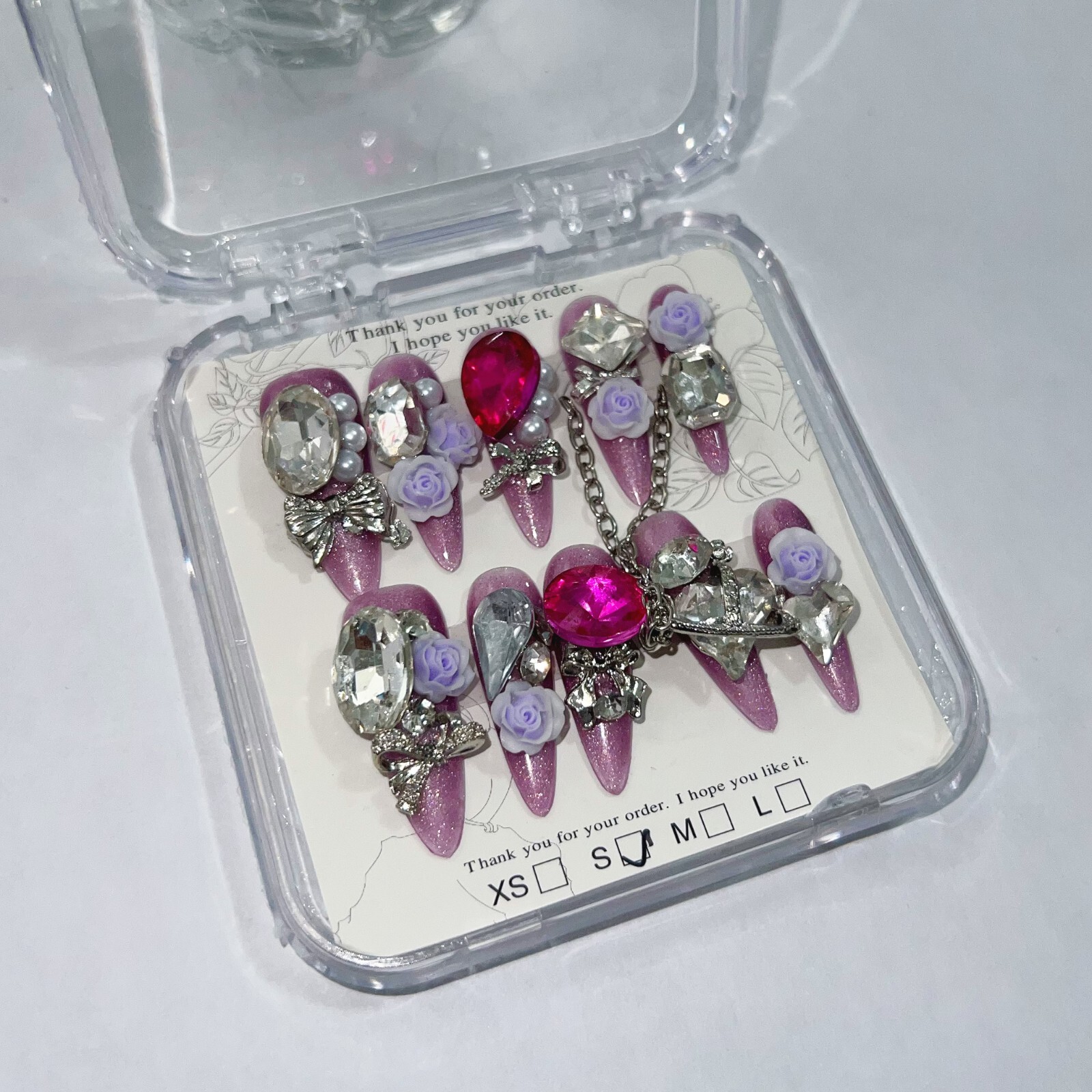 Handmade Flowers And Rhinestones False Nail Long Stiletto Press on Nail