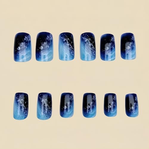 24Pcs Ocean Blue Fake Nails Short Medium Square Press on Nails with Design G10