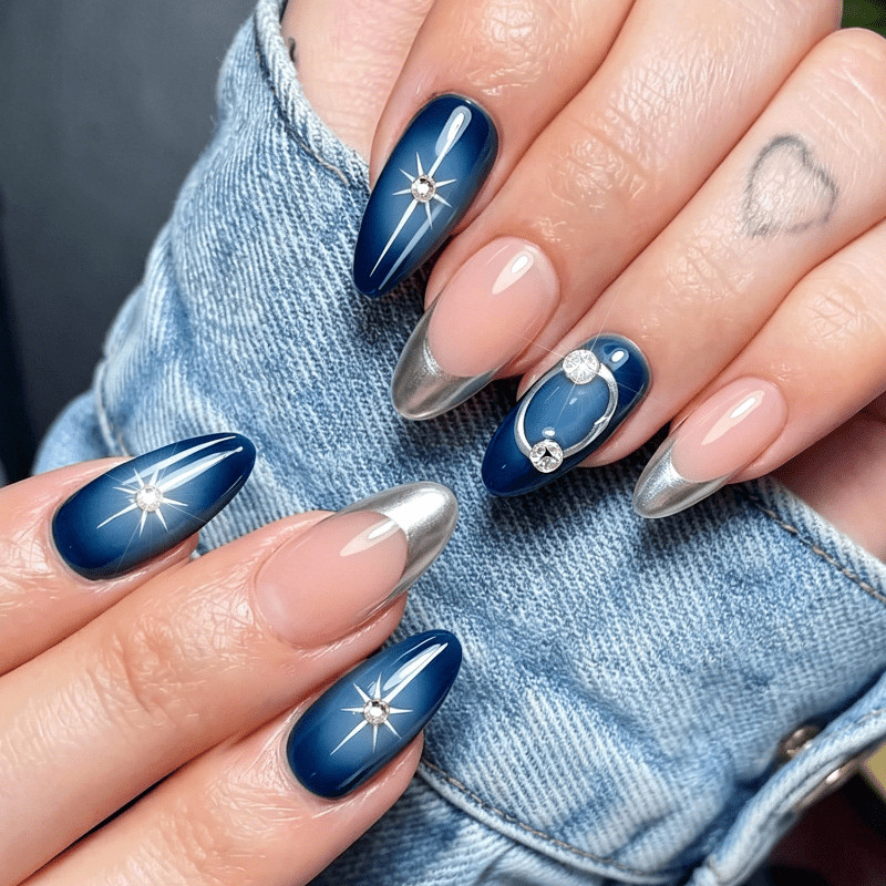 48pcs Almond Press on Nails, Blue Silver Ombre Star Rhinestone Elegant Nails