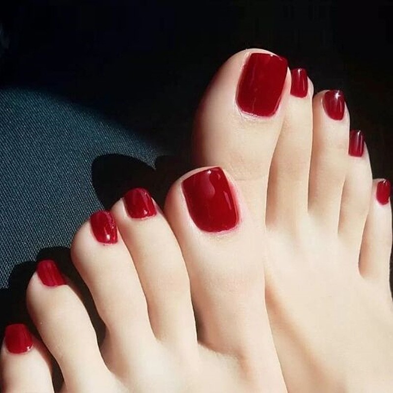48Pcs-Daily Square Toe False Nails Red Solid Glossy Minimal Press on Toenails