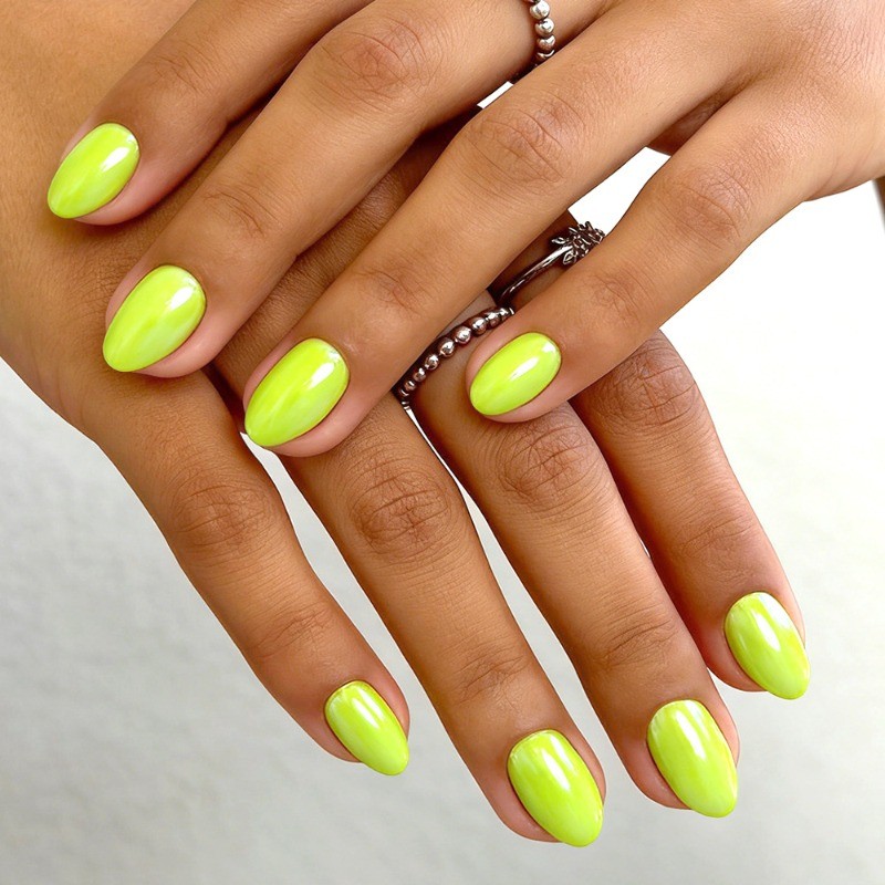 64pcs-Bright Yellow Green Press on Nails, Short Oval Neon Solid False Nails