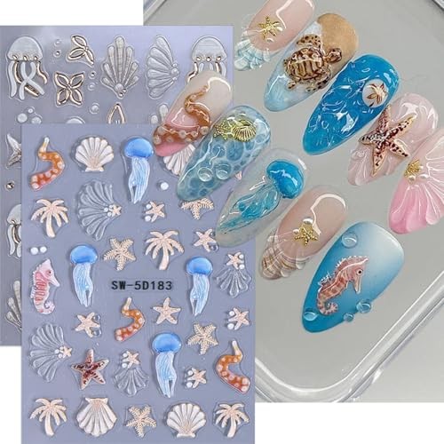 Summer Nail Stickers 5D Beach Shell Nail Decals Embossed Ocean 5D Ocean Theme