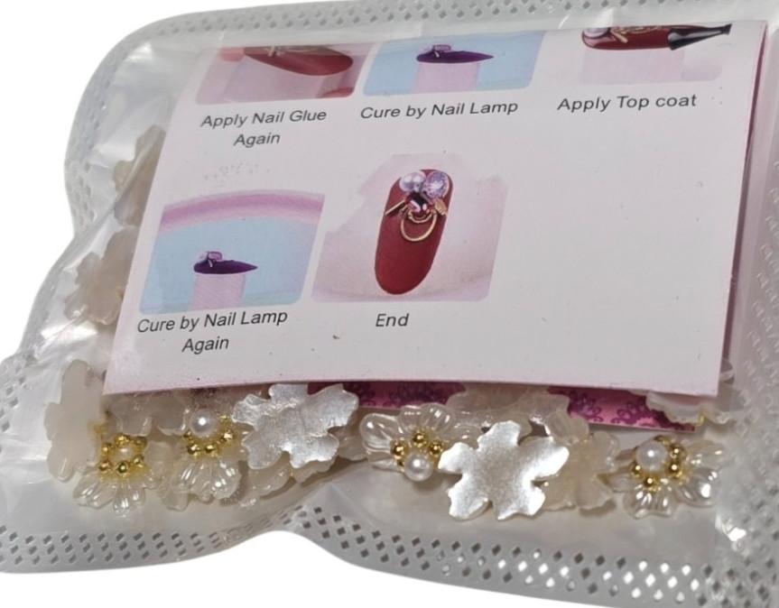 Lot of 2 3D Nail Art Charms Packs Flower Pearl Rhinestone Silver White Decor