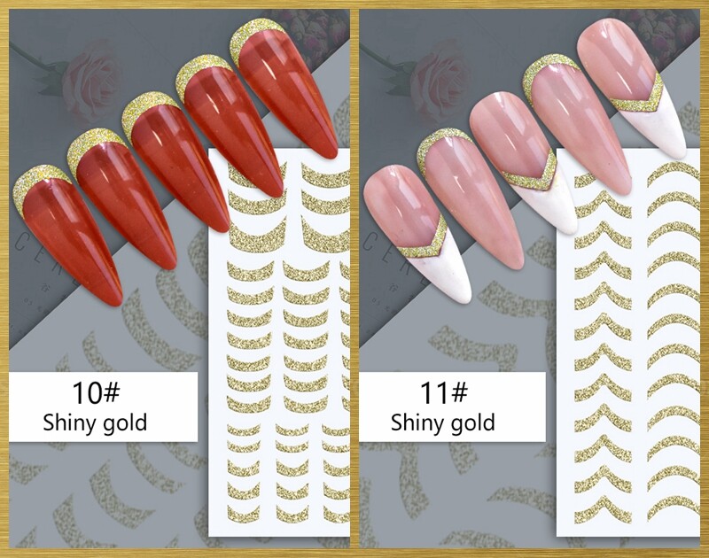 6 Styles Glitter Gold French Tips Nail Sticker Wave Line Irregular Swirl Stripe