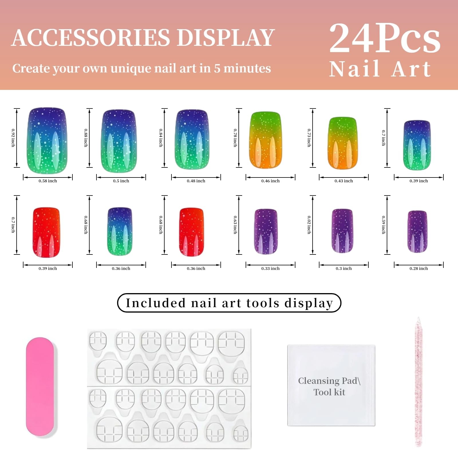 Tephrent 24pcs short square press on nails rainbow