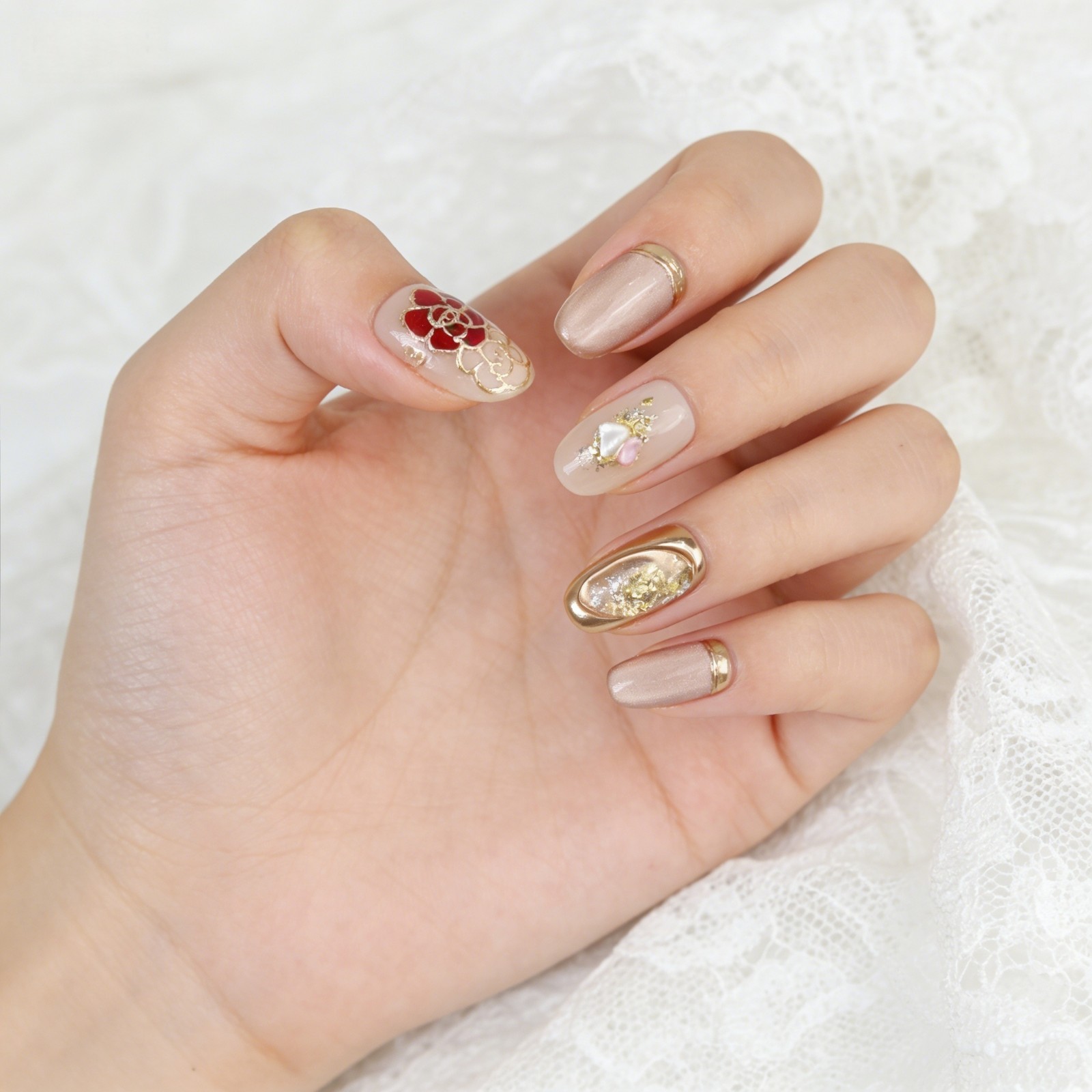 Nude Pink Floral Press On Nails Oval Gold Foil Handmade Elegant Set Gift For Her