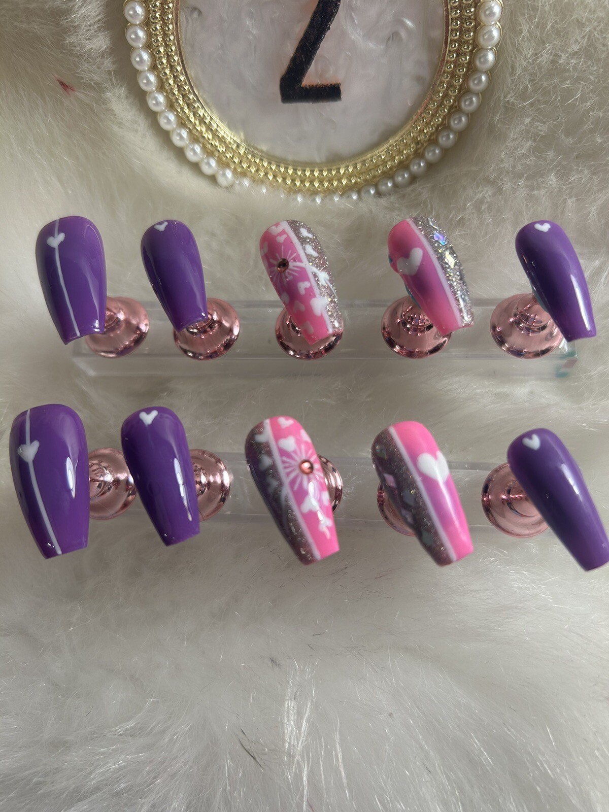 Z NAILZ! Handmade M Coffin Set Of Pink/purple/silver W/ White Hearts Press Ons