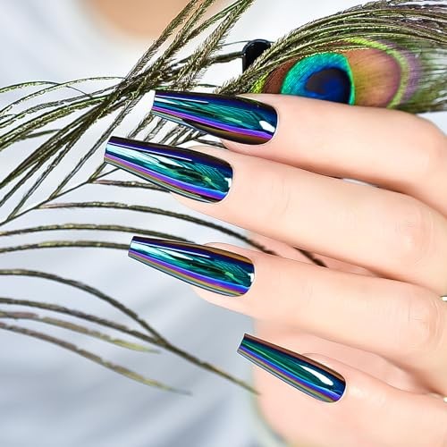 Blue Chrome Press On Nails Metallic Mirror Coffin Aurora Fake Nails Extra Long