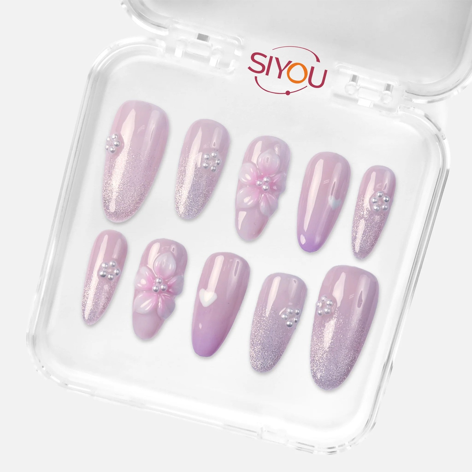 SIYOU First Blush Almond Pink, Purple, & White Press-On Nails 10pc