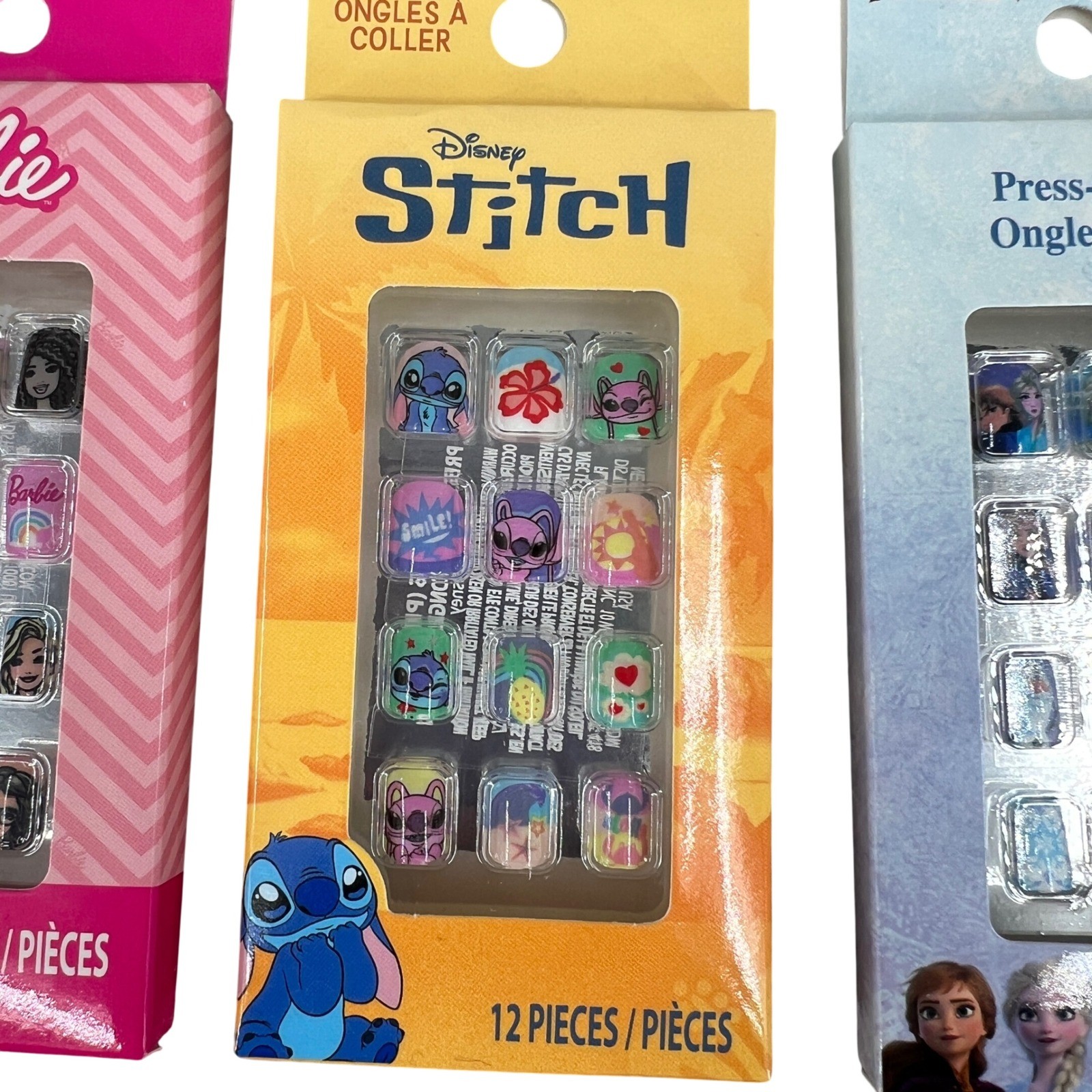 Townley Press-on Nails Kids 3-Pack Multicolor Barbie Stitch Frozen 12pc Each NEW