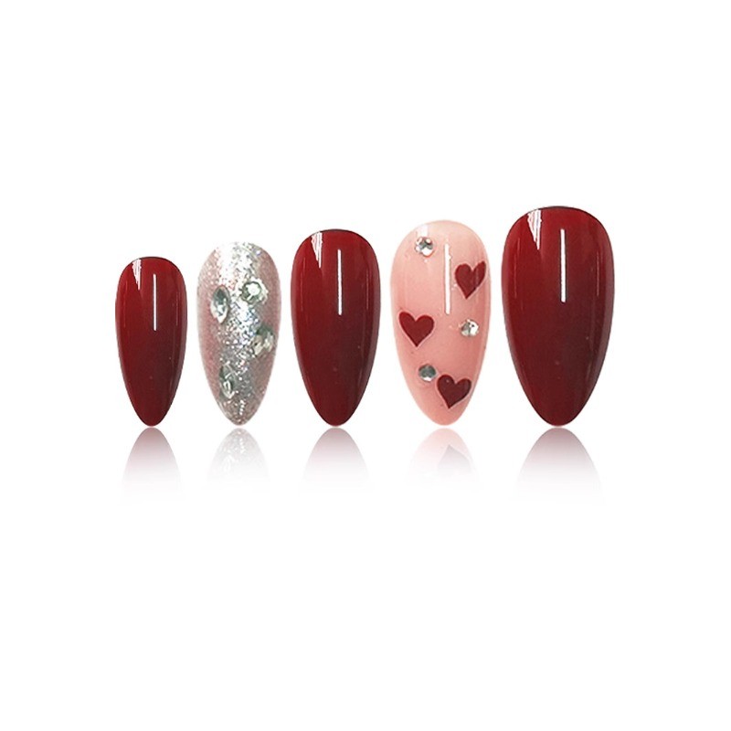 48pcs-Medium Almond Press on Nails, Burgundy Red with Hearts & Silver Glitter