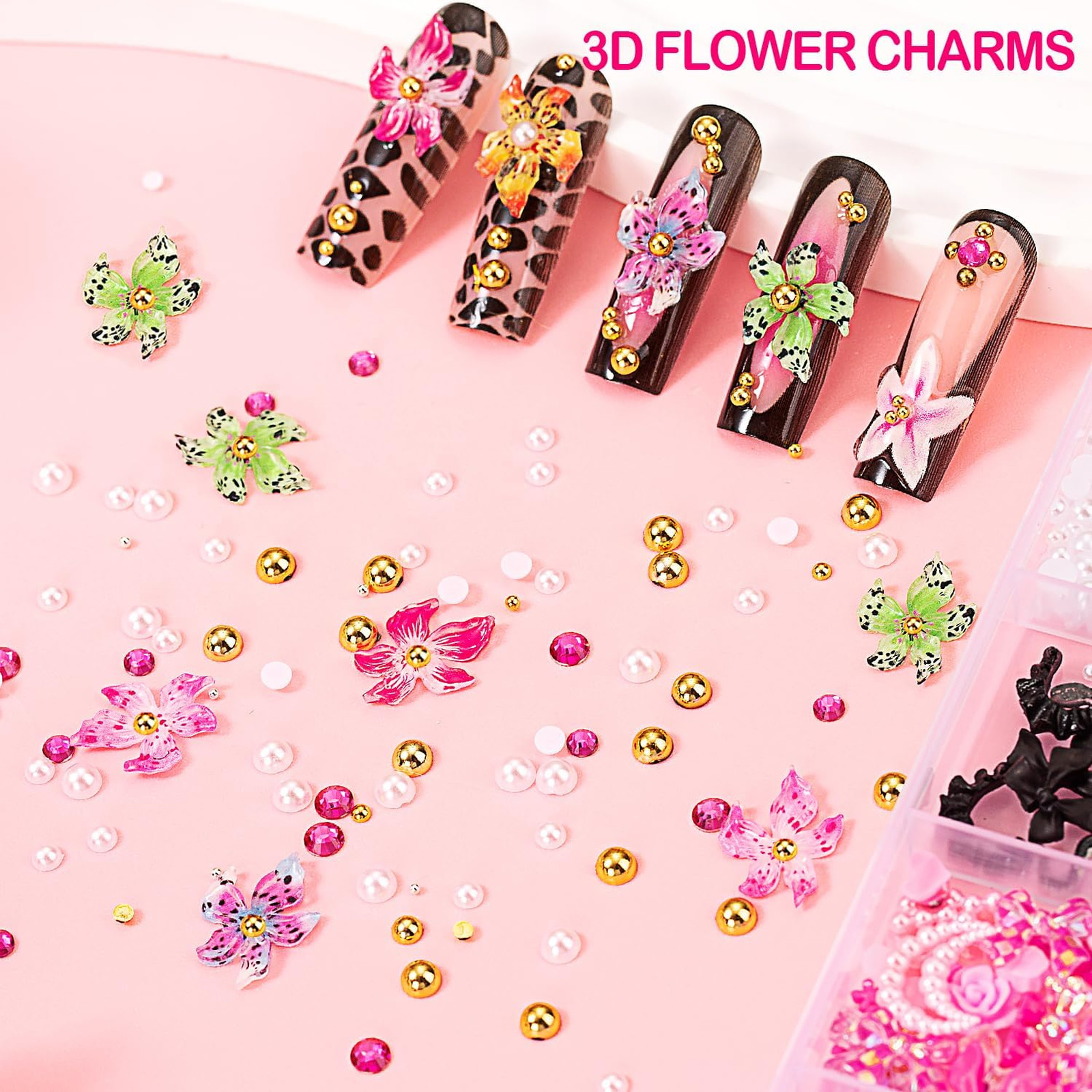 8000pcs Nail Art Charms Gems Kit with 3D Butterfly Bow Moon Star Flower Charms