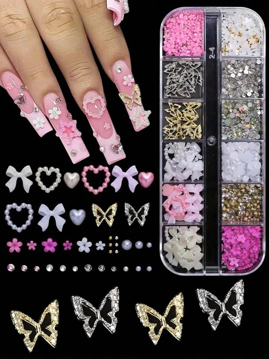3D Flower Nail Charms Acrylic Petal Rhinestone Nail Art Decorations