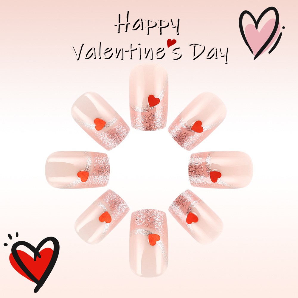 24pcs Short Pink Heart Glitter Nails. Shiny, Reusable for Parties & Any Occasion